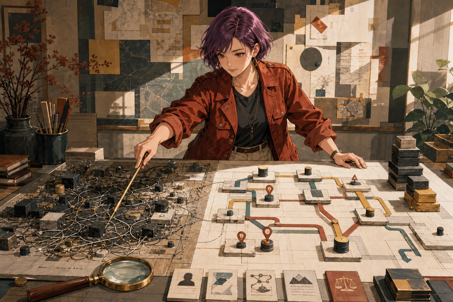 紫髮專業顧問將混亂的系統依賴整理為清楚架構的 AI 情境插圖